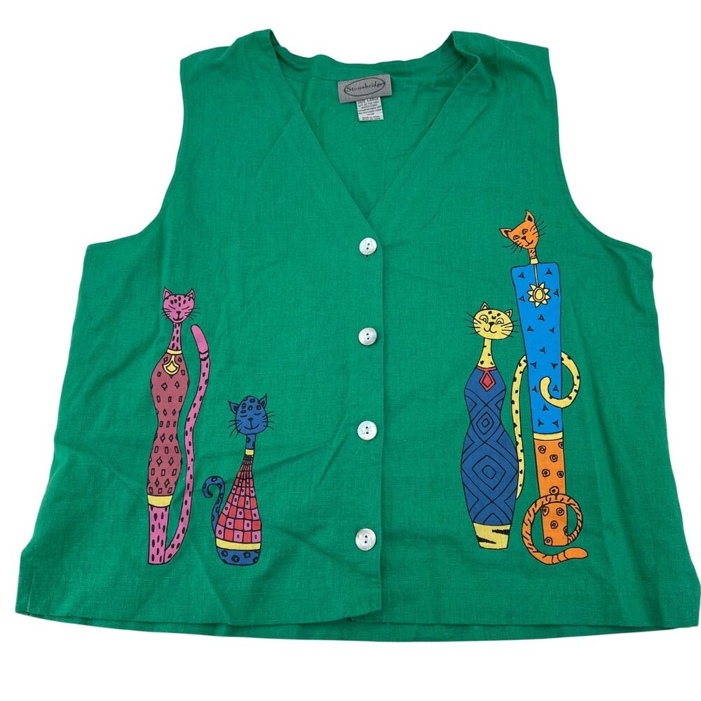 Stonebridge Jerrell INC Vintage Women's Blouse‎ size Large Tall Cats Green Linen